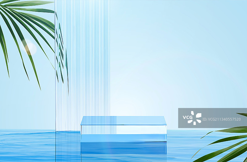 三维透明玻璃水上展台 淡蓝色背景图片素材