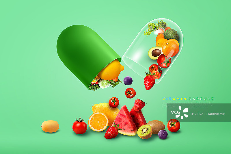 3d渲染的维生素胶囊与水果和蔬菜图片素材