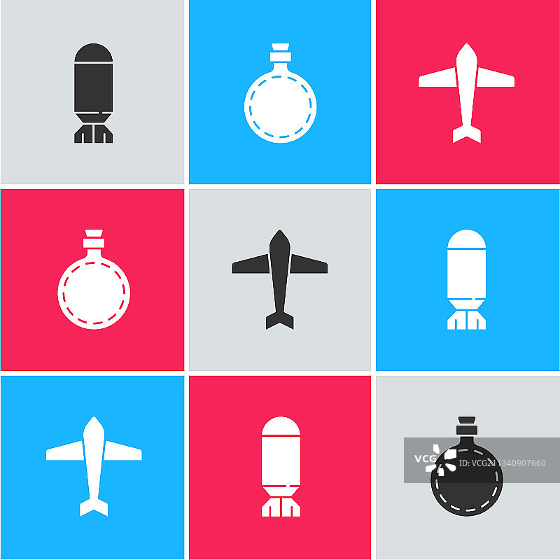 设置航空炸弹、水壶和喷气机图片素材