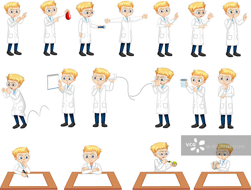 设置一个科学家男孩在不同的姿势卡通图片素材