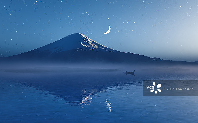 新月星空下的富士山夜景图片素材