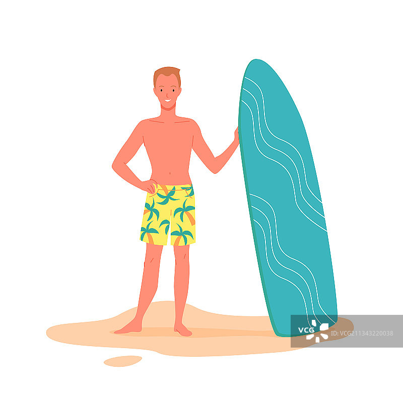 快乐冲浪与冲浪板的年轻人在海滩上图片素材