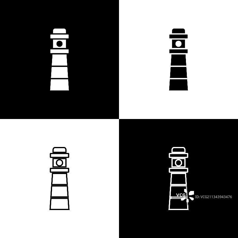设置灯塔图标孤立在黑色和白色图片素材
