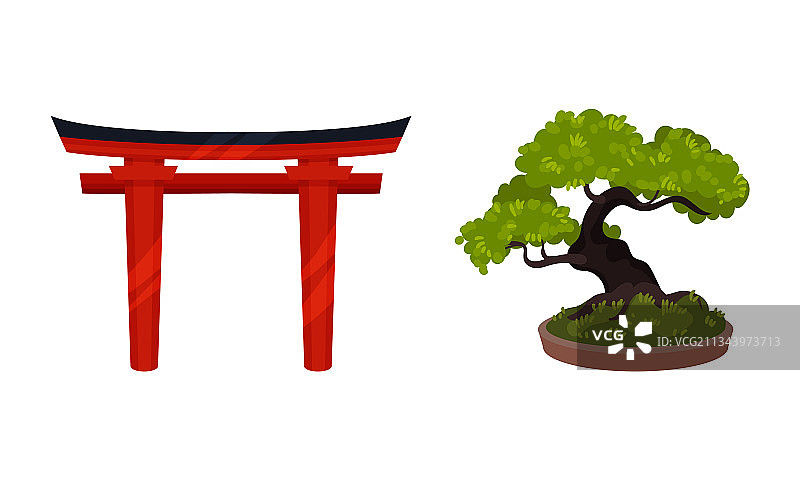 象征日本的红色鸟居门和盆景树图片素材