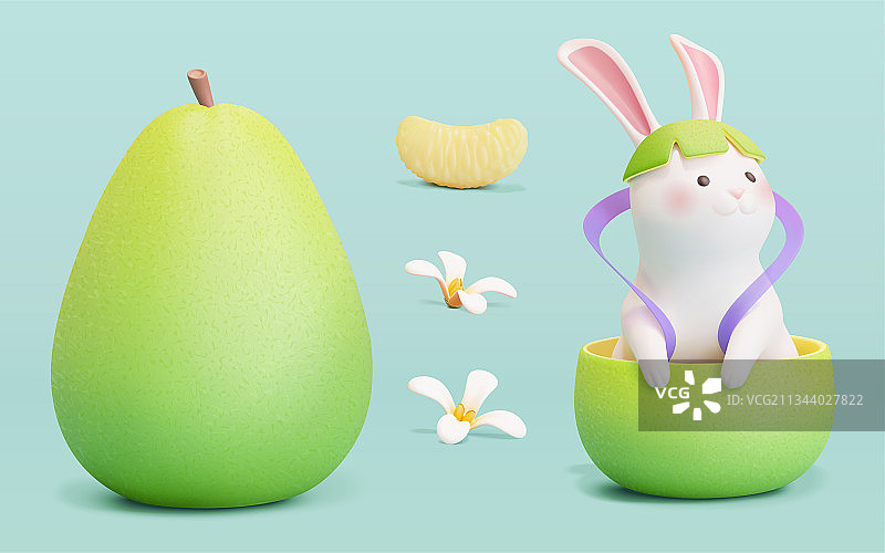 三维玉兔与柚子玩具公仔图片素材