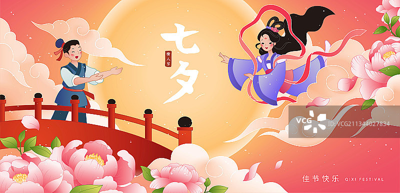 中国浪漫七夕插图 桥上相会的牛郎与织女图片素材