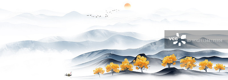 中国风蓝色山水风景画图片素材