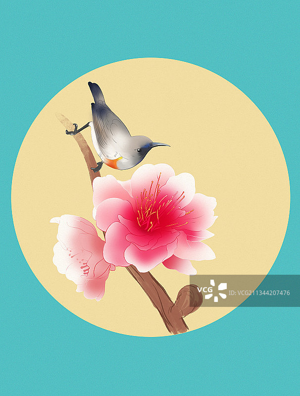 中国风传统绘画中国画工笔花鸟新中式桃花鸟类团扇元素写意插画图片素材