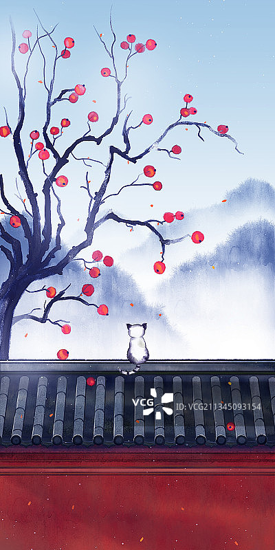 中国风秋天柿子树手绘插画图片素材