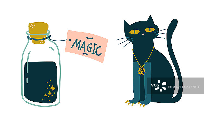 黑猫和软木塞玻璃罐药水图片素材