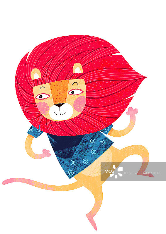 儿童插画扁平动物风格-会跳舞的红头发狮子图片素材