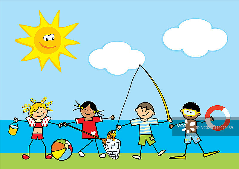 四个孩子在沙滩横幅的夏季活动图片素材
