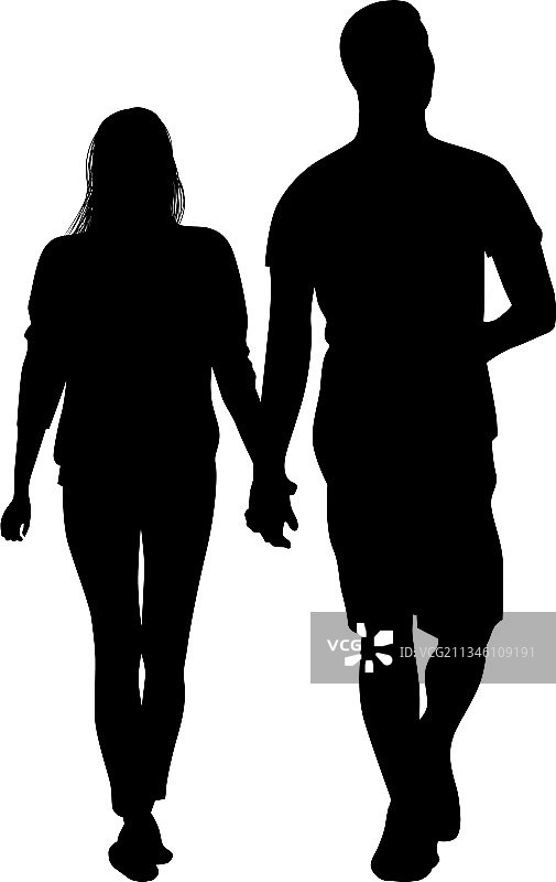 剪影:一对年轻夫妇手牵手走路图片素材