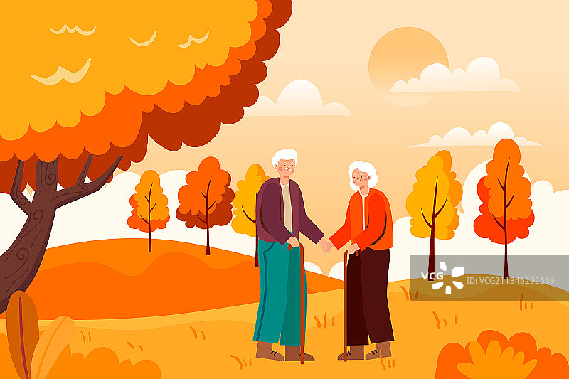 两位老人欣赏秋天风景矢量插画图片素材