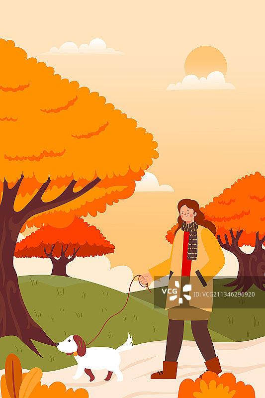 秋天户外遛狗的女人矢量插画图片素材