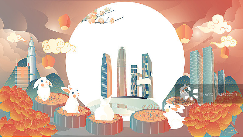 中秋节五只兔子站在月饼上看月亮矢量插画图片素材