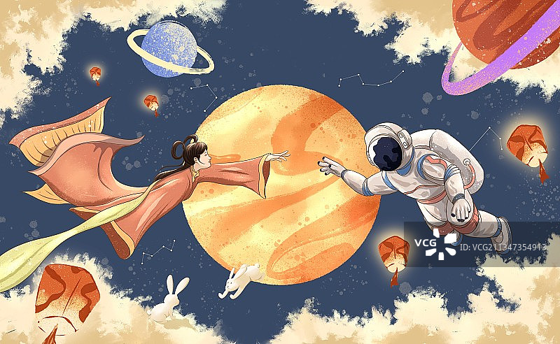 宇航员和嫦娥星球插画图片素材
