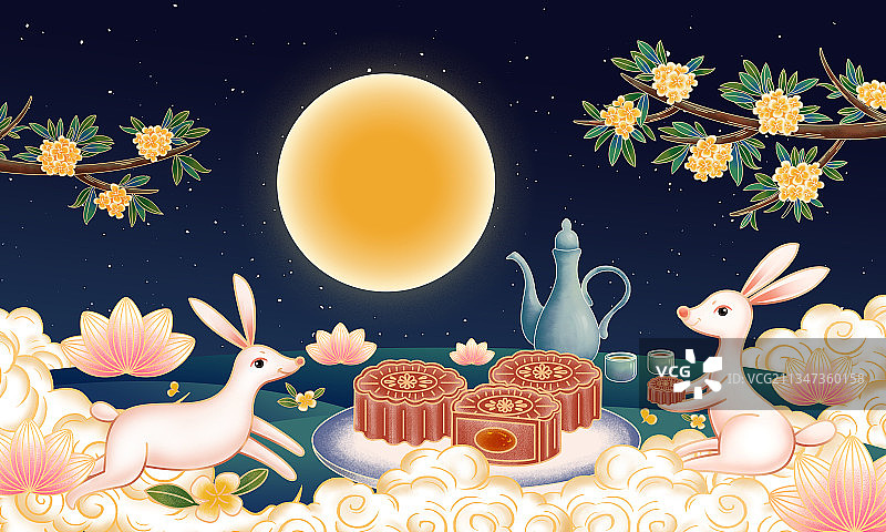 中秋节兔子赏月吃月饼插画海报图片素材