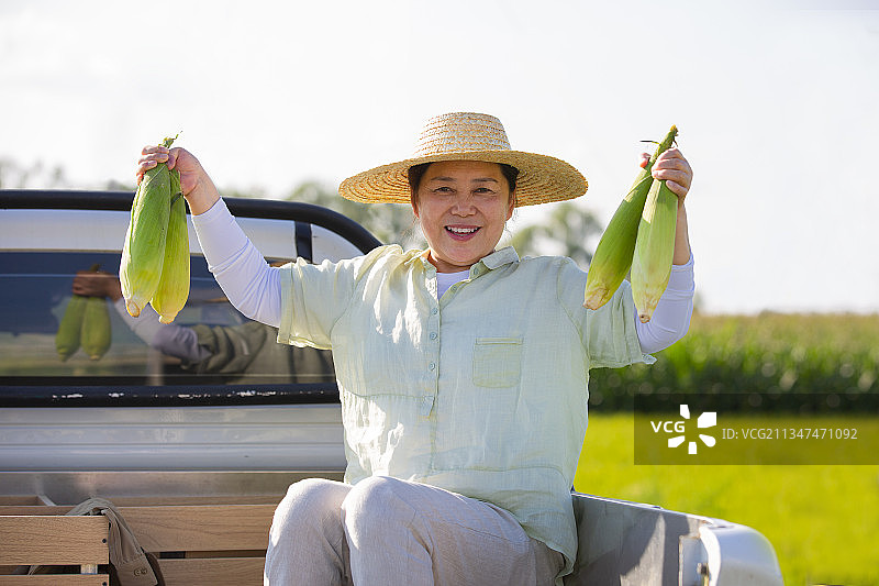 女农民在运输蔬菜的汽车上拿着玉米图片素材
