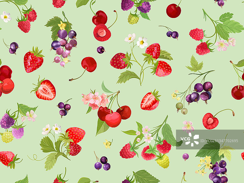 水彩樱桃、草莓、覆盆子黑色图片素材