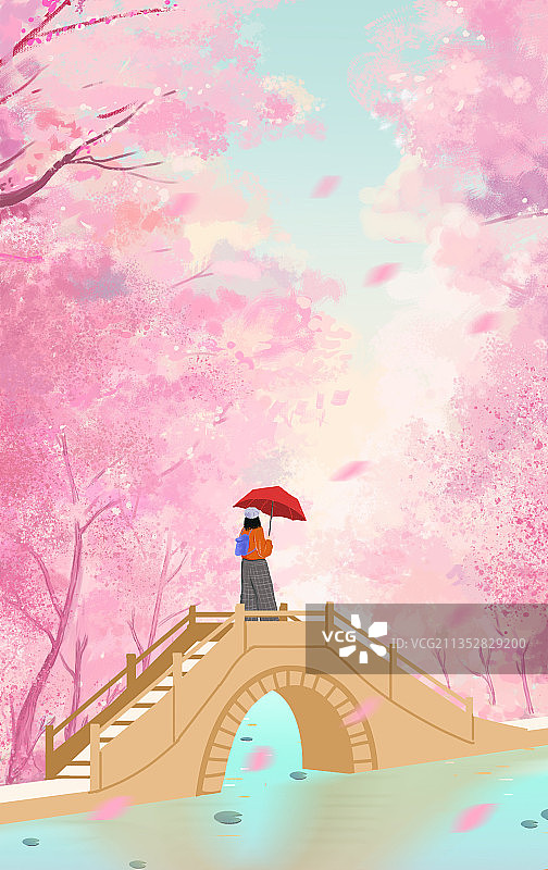 中国风浪漫季节户外踏青旅游美丽少女小桥流水花园背景插画图片素材