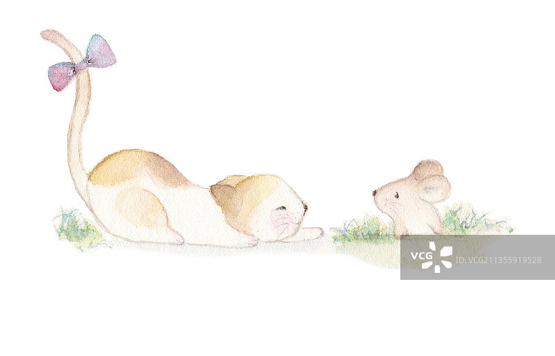 水彩手绘卡通动物小猫咪和小老鼠图片素材