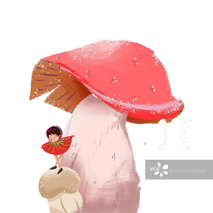 可爱小女孩踩着破旧大蘑菇插画图片素材