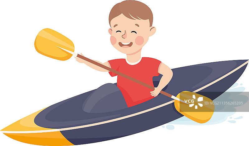 可爱的小男孩划皮划艇用桨练习图片素材