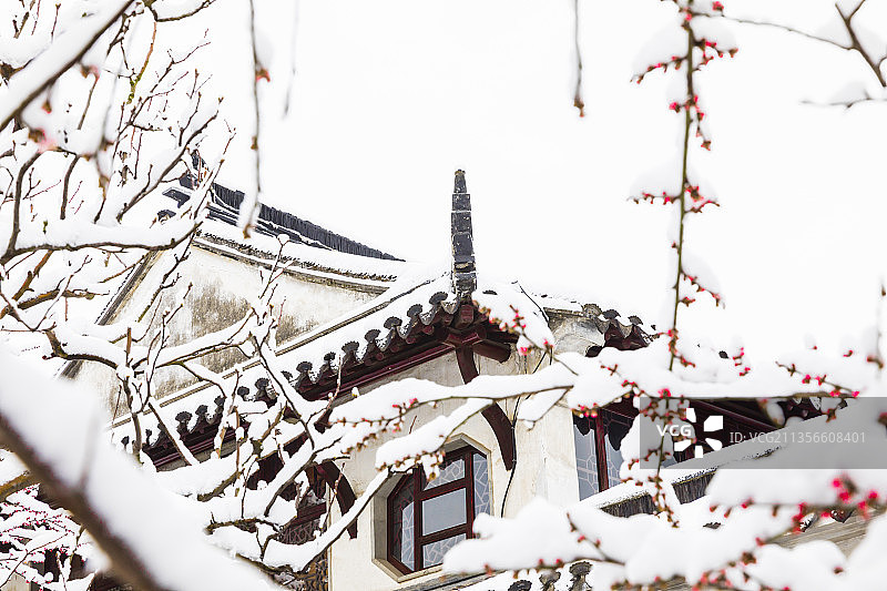 江苏苏州园林留园冬季雪景图片素材