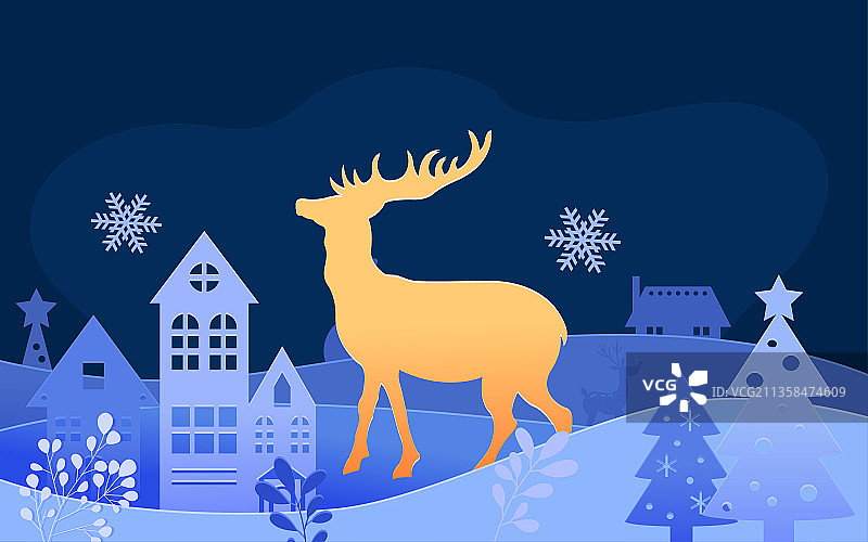 圣诞节剪纸插画冬天麋鹿雪花圣诞树素材海报图片素材