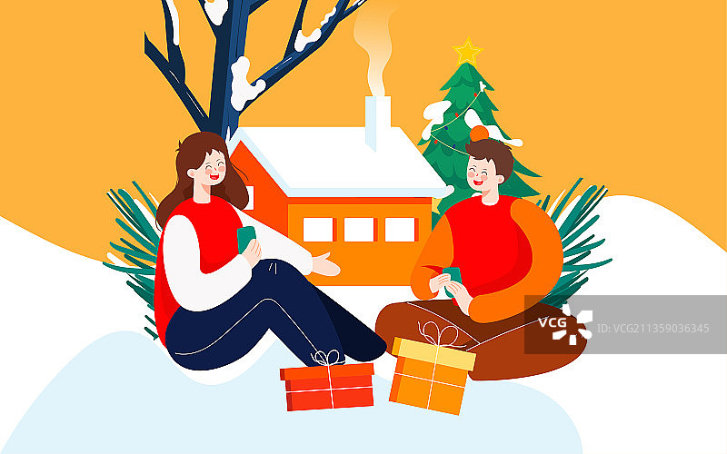 冬季雪景场景插画冬天室内窗户情侣人物海报图片素材