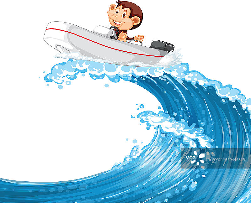 快乐的猴子驾船在海浪上图片素材