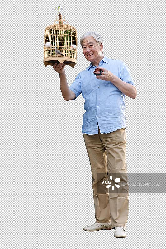 休闲的老年男人拿着鸟笼图片素材