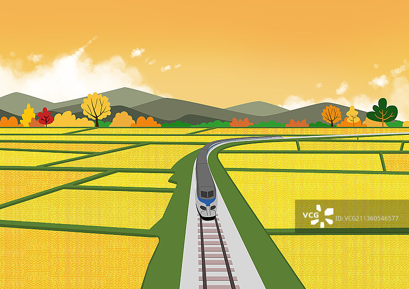 火车行驶在农村铁路路上，秋色秀丽图片素材