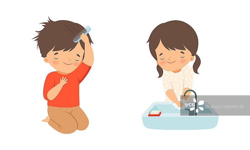 小男孩和小女孩在水池里用肥皂洗手图片素材