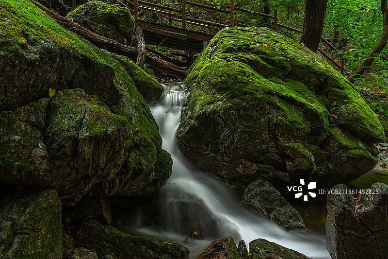 朝着森林中瀑布的更广阔的风景图片素材