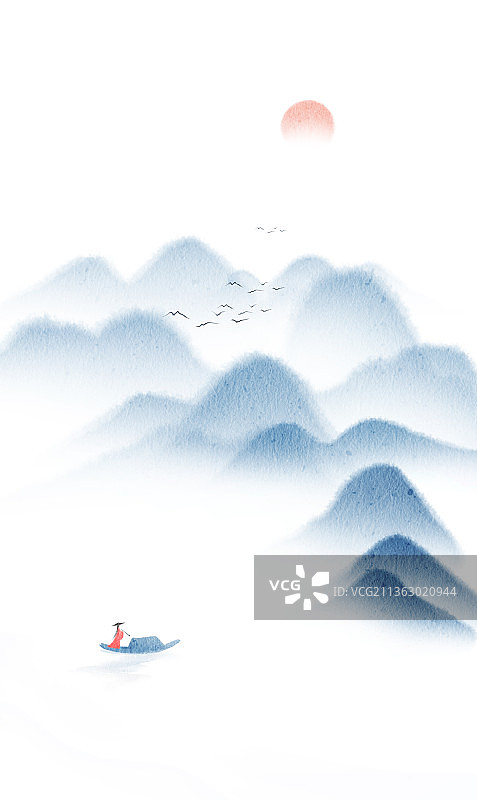 新中式山水风光背景插画图片素材