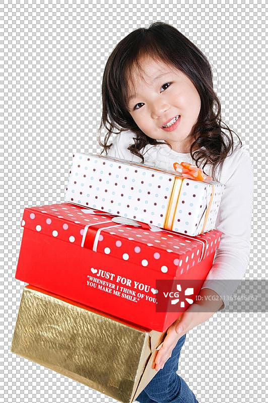 东方儿童抱礼品盒图片素材