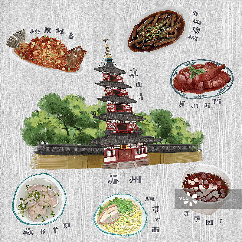 苏州地标建筑和特色美食插画图片素材