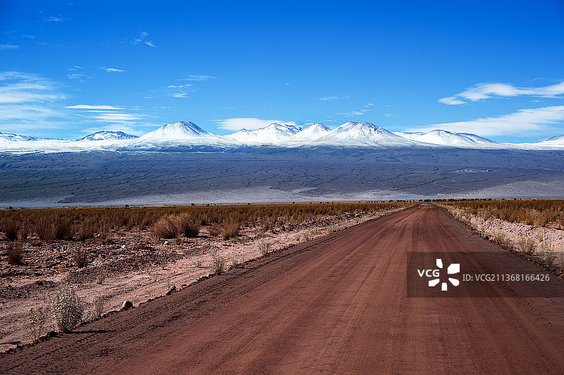 智利安托法加斯塔市，圣佩德罗阿塔卡马市，一条通往白雪皑皑、蓝天映照下的空旷道路图片素材