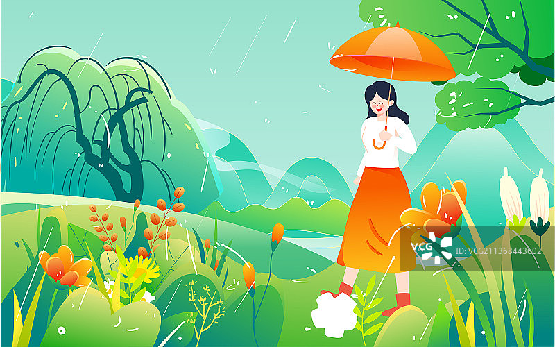 谷雨节气插画春天人物下雨打伞风景活动海报图片素材