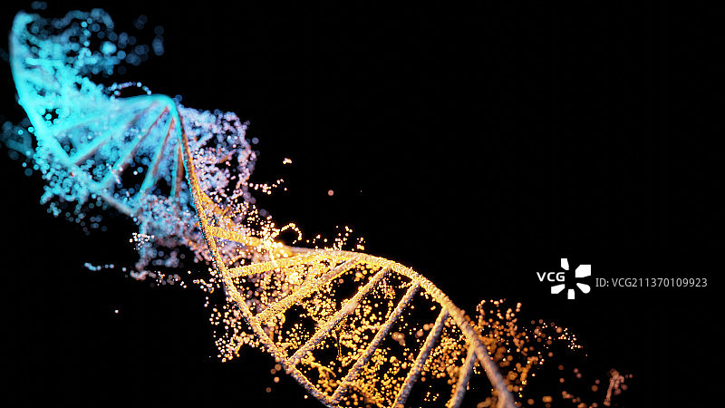 纯黑背景中的橙蓝色模拟细胞围绕DNA分子图片素材