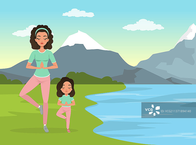 快乐的妈妈和她的女儿站在瑜伽姿势图片素材