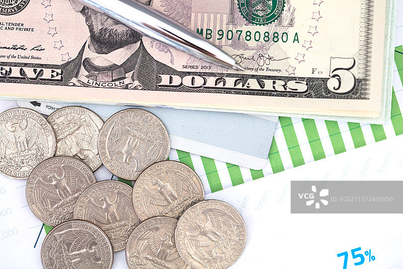 美元纸币和美元硬币在金融资料上图片素材