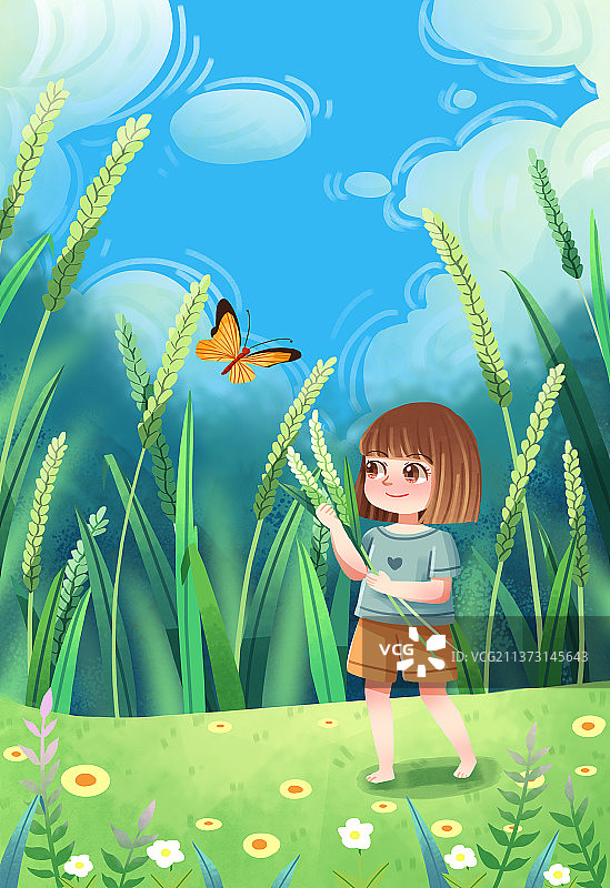 手绘小满立夏夏至节气谷物小麦麦穗女孩蝴蝶插画图片素材