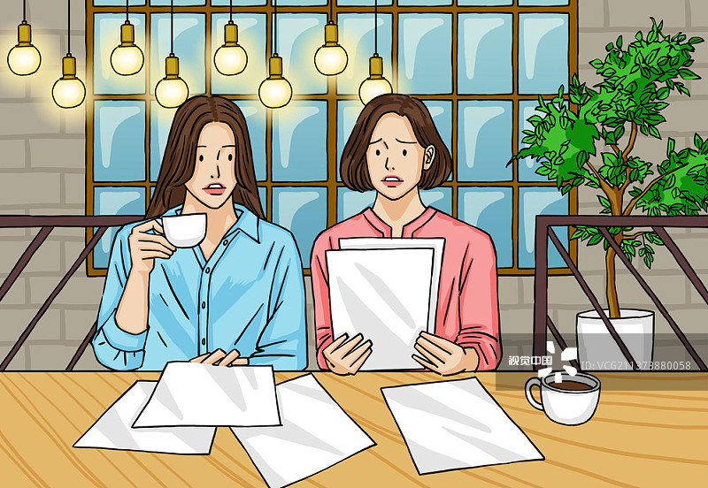 两个女人坐在桌子边喝咖啡，在咖啡馆工作图片素材