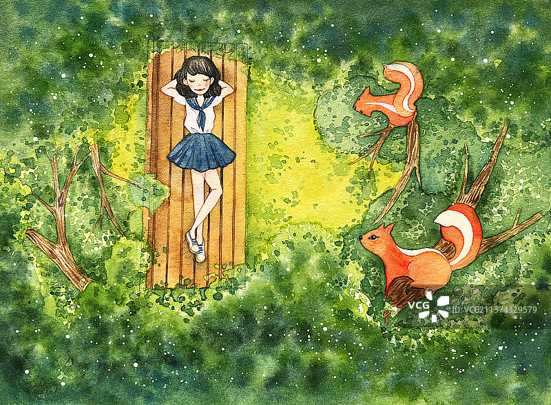 夏天树林里玩耍的女孩水彩插画图片素材