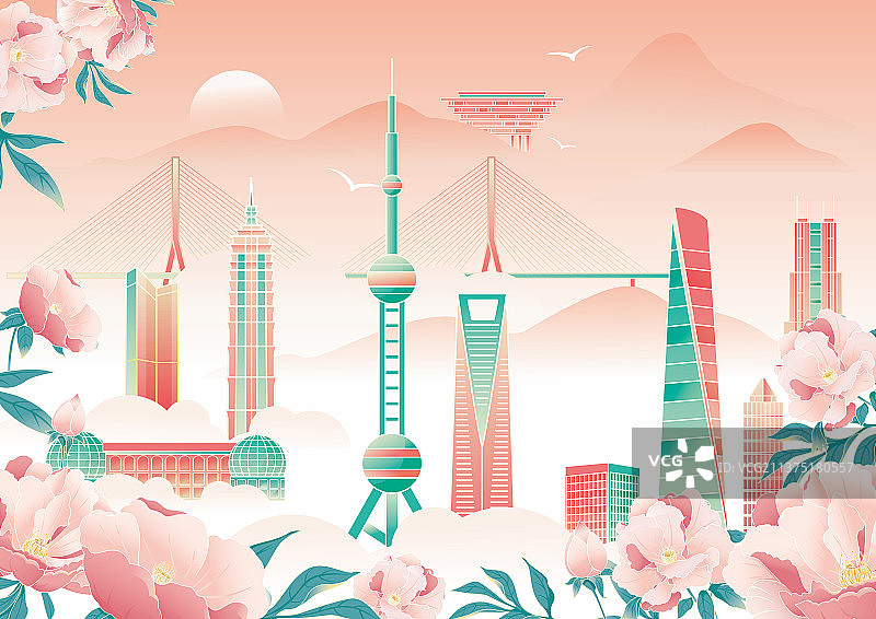 国风上海城市建筑矢量海报图片素材