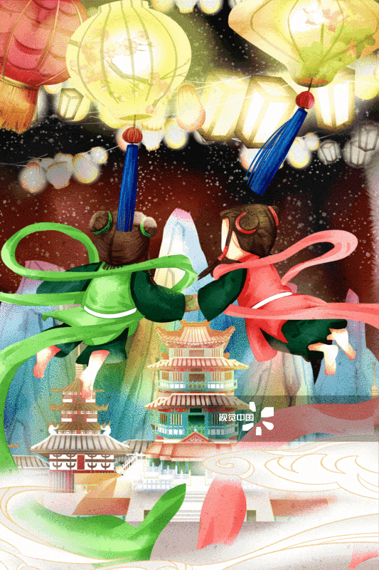 水彩中国传统节日小仙童过元宵节插画-GIF动图图片素材