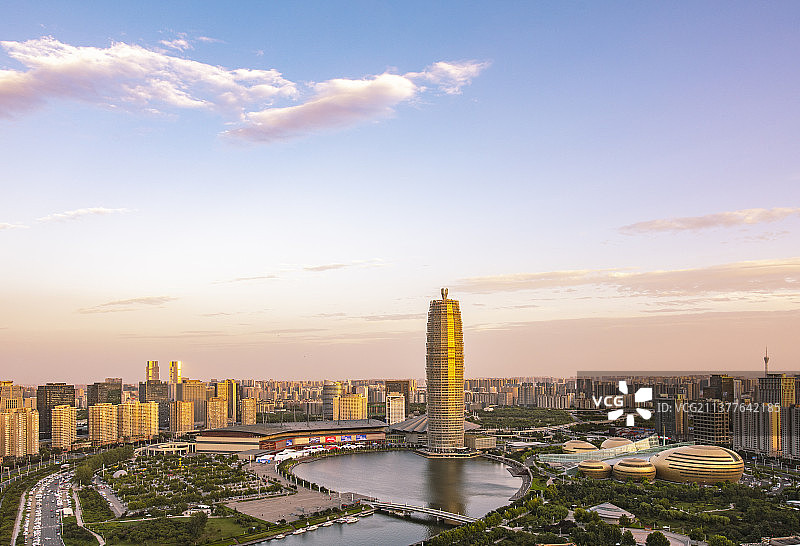 河南省郑州市城市风光CBD大玉米千禧广场天际线高视角风光图片素材
